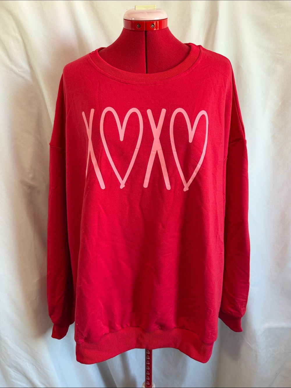Women's Red Crewneck Sweatshirt with Pink Heart XOX Graphic